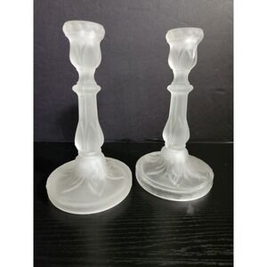 7 inch Frosted Glass Candle Holders Set of 2 Floral Etched Pedestal Vintage